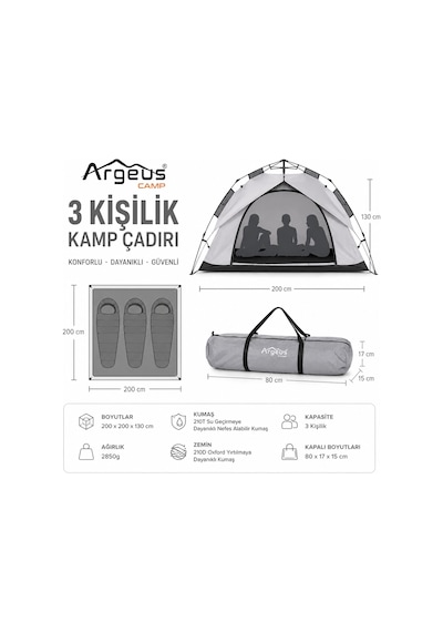 3 Kişilik Otomatik Kurulum Kamp Çadırı - 200x200x130cm - Argeus Infinity Çok Renkli