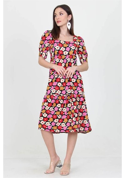 Neşeli Butik Kadın Kare Yaka Eteği Fırfırlı Çiçek Desenli Viskon Elbise Nb10026 Kırmızı