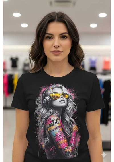 Renkli Kadın Figürü Baskılı Siyah Beyaz T-shirt Siyah