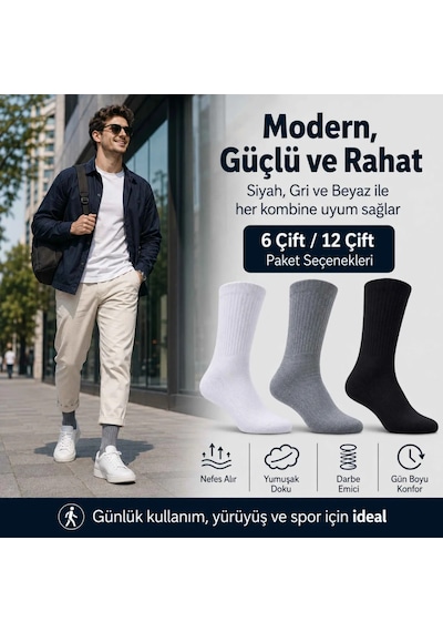 Erkek Spor Çorap 12 Çift, Taban Altı Havlu Destekli Penye Pamuklu Uzun Konç Çorap Çok Renkli