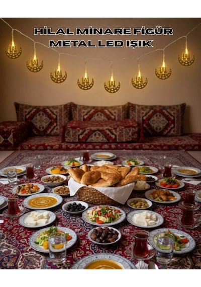 Pilli Minareli Hilal Led Işık Gold Metal Ramazan Dekorasyonu Çok Renkli
