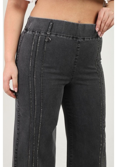 Büyük Beden Denim Taşlı Yüksek Bel Bol Paça Kadın Pantolon Siyah