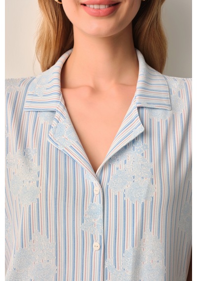 Suwen Lady Gömlek Yaka Pijama Takımı Sh26611660b348 Mavi
