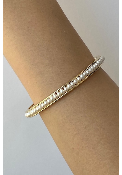 Kadın Tek Sıralı Doğal İncili Kelepçe Bilezik Gold Sarı Altın