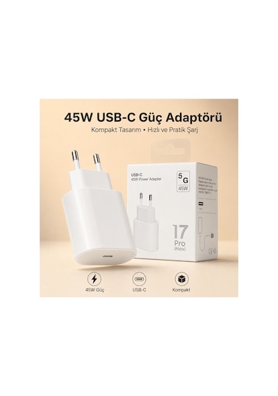 45w Usb-c Hızlı Şarj Adaptörü Beyaz Type-c Çıkışlı Kompakt Güç Adaptörü İphone 15 16 17 Pro Max Uyumlu