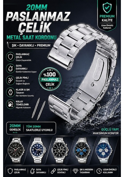 20mm Gümüş Renk Paslanmaz Çelik Saat Kordonu Darbelere Dayanıklı Metal Kayış, Çelik Pimli Diğer
