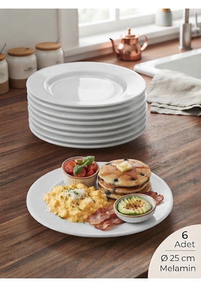 Biodata 6 Adet Polikarbon Beyaz Classic Düz Tabak Çizgi Pasta Yemek Servis Tabağı Ø 25 Cm Melamin