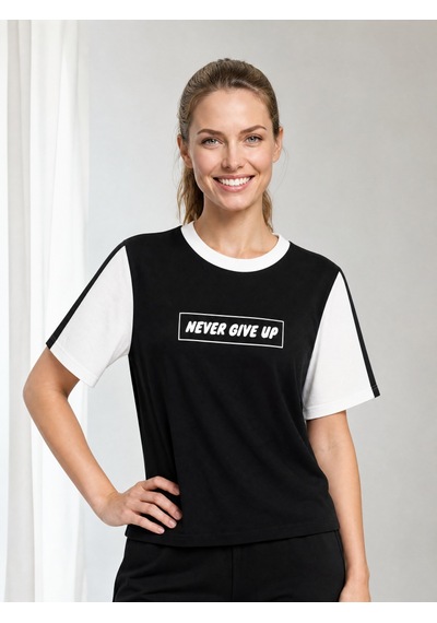 Nealirsanall.com "never Give Up" Baskılı Penye Tişört - Kontrast Kollu Spor Bluz Siyah