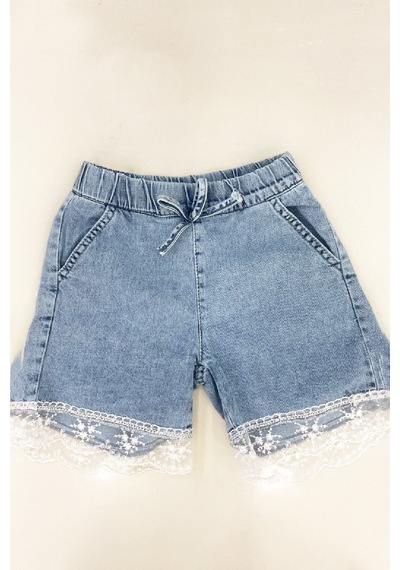 Modanıno Kız Çocuk Tül Dantelli Ve Beli Lastikli Jean Şort 2-12 Yaş 12674sk Mavi