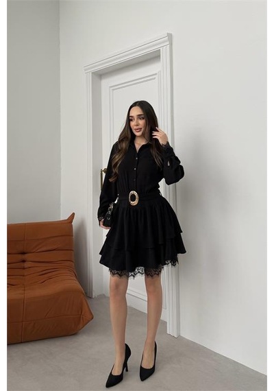 Neşeli Butik Kadın Siyah Gömlek Yaka Gold Tokalı Dantel Detaylı Kat Kat Mini Elbise Nbelb07 Siyah