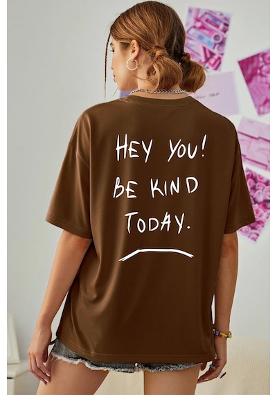 Unisex Hey You Baskılı T-shirt Kahverengi