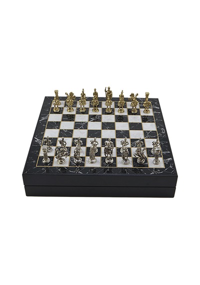 Gifthome Orta Boy Metal Roma İmparatorluğu Satranç Takımı Parlak Ve Mermer Desenli Sandıklı Mdf Tahtası 36x36x6 Cm.
