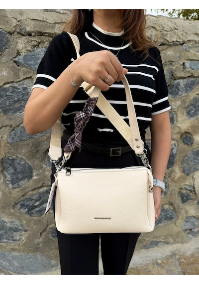 Kadın Orijinal Just Polo Yumuşak Deri Şal Detaylı Ayarlanabilir Askılı El Ve Omuz Çantası Shopper Krem