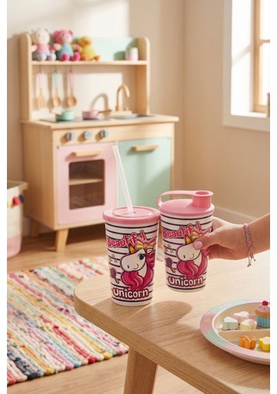 2'li Unicorn Çocuk Meşrubat Bardak Seti, Pipetli Kapaklı Su Süt Meyve Suyu Bardağı 330 Ml 2 Li Set Pembe