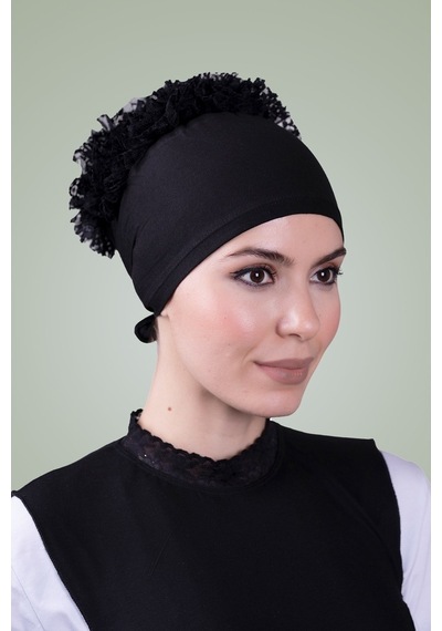 Hürrem Bone Siyah Arkadan Bağlamalı Tesettür Bone Viskon Kumaş Fırfır Bone 10 Siyah