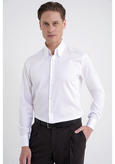 Slim Fit Düğmeli Yüksek Yaka %100 Pamuk Saten Düz Beyaz Gömlek Gk 760