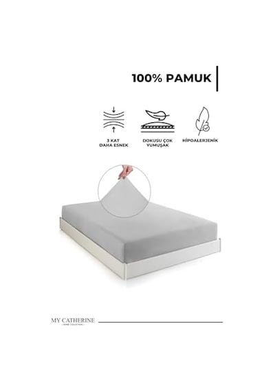 Lastikli & Hipoalerjenik Çarşaf %100 Pamuk Penye Kumaş Çift Kişilik 180x200 Cm - Gri, Luxcarsaf Abanoz