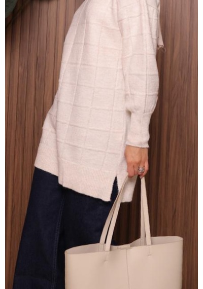 Balenbi Kare Dokulu Oversize Yumoş Tesettür Triko Tunik 7012 Ekru