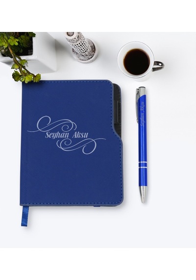 Kişiye Özel Isimli Lacivert Termo Deri Defter Kalem Seti-3