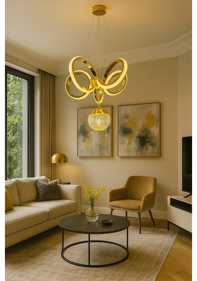 Kıvrım Tekli Kristal Toplu Modern Oturma Led Avize - Kumandasız / Gold Gold