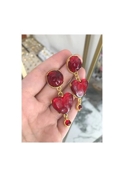 Tasarım Gold Detaylı Kalp Küpe Kırmızı