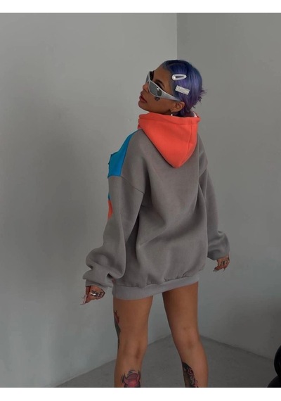 Mbb E-ticaret Kadın W Nakış İşlemeli Kapüşonlu 3 İplik Pamuklu Parçalı Sweatshirt Hoodie - Mavi