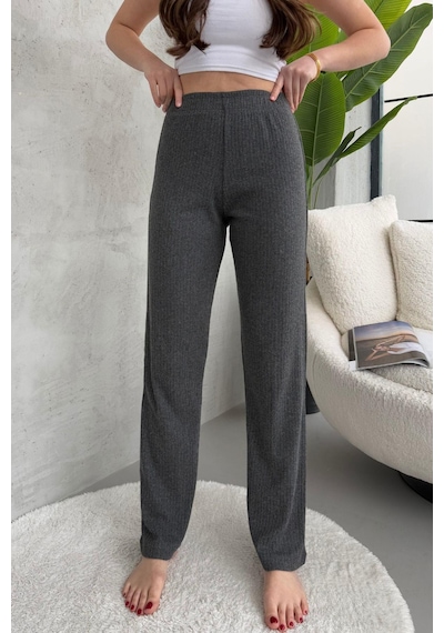 Kadın Füme Yüksek Bel Fitilli Bol Paça Günlük İnce Eşofman Altı Pijama Füme