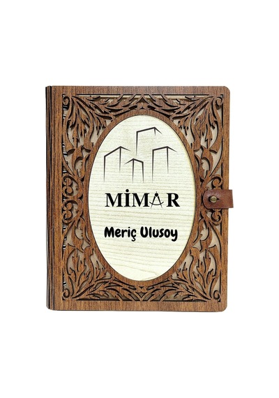 Mimar Tasarımlı Kişiye Özel Ahşap Kapaklı Defter - Çizim Ve Eskiz İçin 60 Yaprak Kraft Kağıtlı Mesleki Hediye Kahve