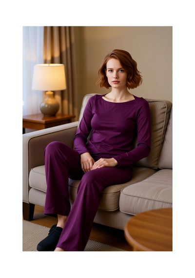 Ersefa Kadın Mürdüm Viskoz Elastan Pijama Takımı Kayık Yaka Regular Kesi