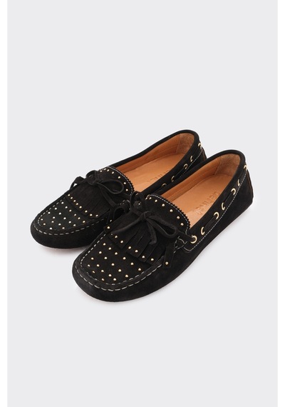 Derinet Hakiki Deri Püsküllü Kadın Loafer Siyah Süet Siyah Süet