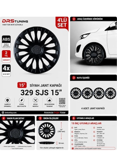 Alfa Romeo Uyumlu 15 Inc Kırılmaz Parlak Siyah Jant Kapağı 1 Takım 4 Adet No:329
