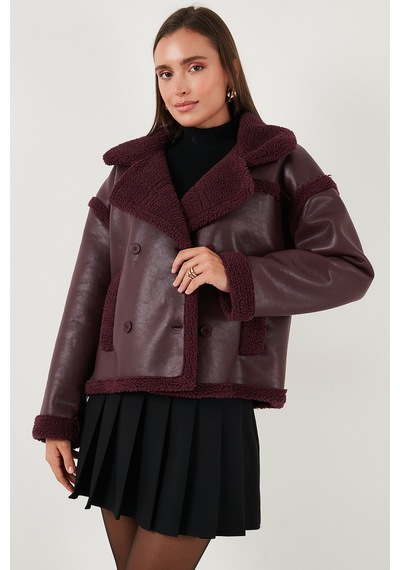 Lela Oversize Kruvaze Yaka Peluş Detaylı Suni Deri Biker Ceket Bayan Mont 6810247 Bordo