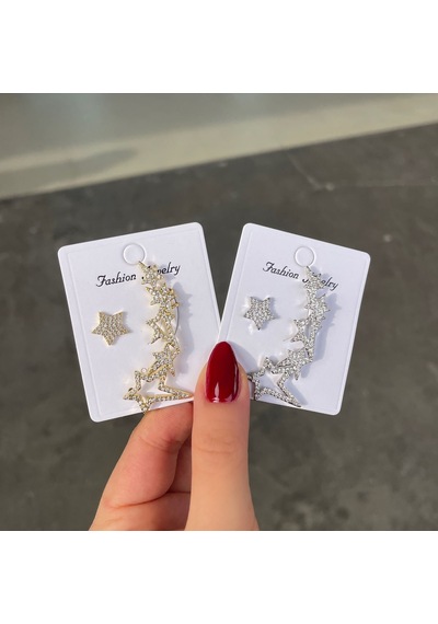 Altın Kaplama Yıldızlı Kıkırdak Küpe Seti Gold