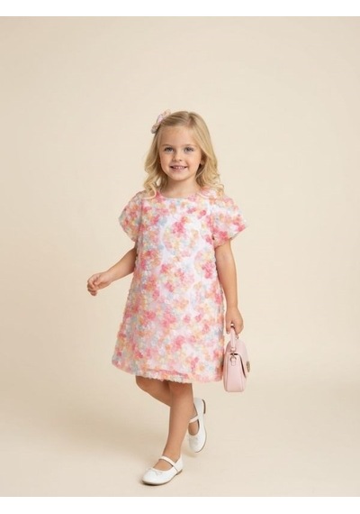 Zekids Kız Çocuk Çiçek İşlemeli Tasarım Elbise-17236 Renkli