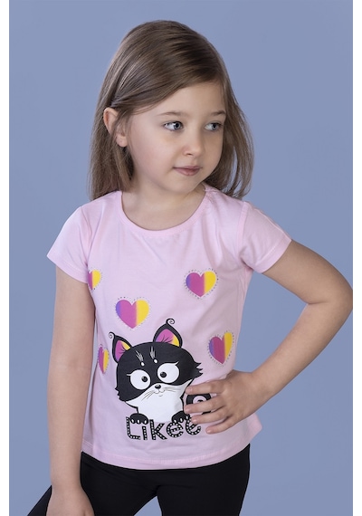 Toontoy Kids Toontoy Kız Çocuk Baskılı Bisiklet Yaka Kısa Kollu Tişört Pembe