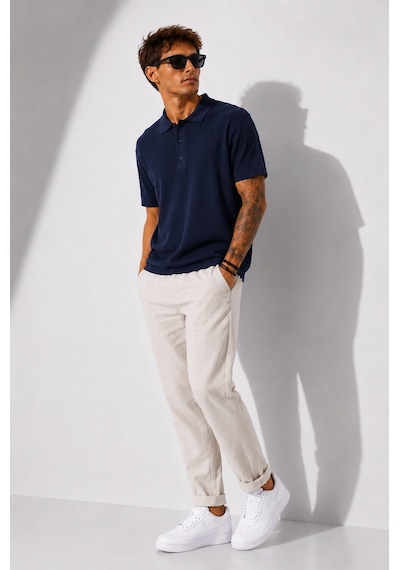 Ribana Erkek Kısa Kollu Fitilli Yarım Düğme Kapama Polo Yaka T-shirt 26001 Lacivert