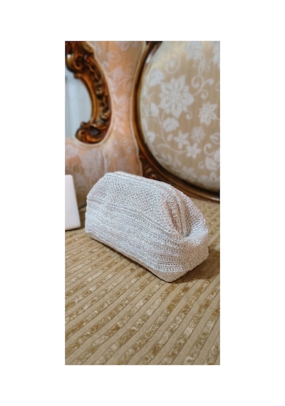 Trakyatrend El Örgüsü Gümüş Işıltılı Abiye Portföy Çanta - Clutch Gümüş