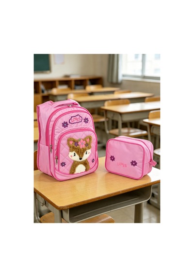 Ortopedik Nakışlı Peluş Figürlü İlkokul Ortaokul Kız Çocuk Okul Çantası Seti Beslenme Çantası Pembe2 Pembe2