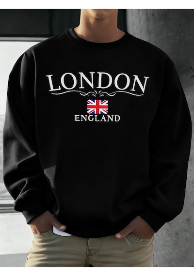 Startmore Startmorelondra İngiltere Bayrağı Baskı Kazak Erkekler Için Sonbahar Gevşek Gündelik Giyim Hipster Yum Siyah