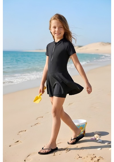 Modanino Kız Çocuk Elbise Mayo-İç Slip Şortlu ve Önden Fermuarlı- 4-15 Yaş 12701n Siyah