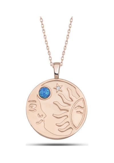 Gümüş Rose Opal Mavi Taşlı Ay Güneş Kadın Kolye Altın