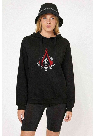 Assassin'S Creed 2 Baskılı Siyah Kadın Kapşonlu Sweatshirt