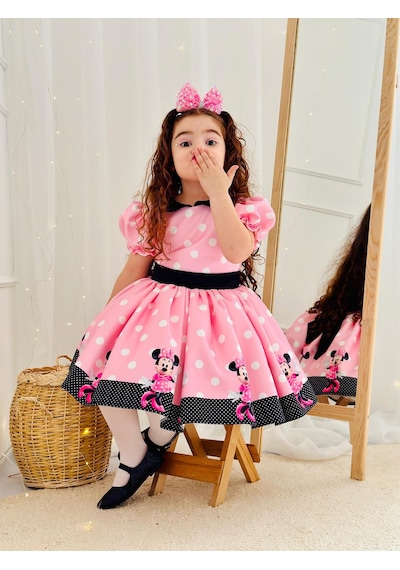 H L Y Karol Tasarım Pembe Mickey Mouse Vintage Kız Bebek Elbise,doğum Günü Elbise,fotoğraf Çekim Elbise,0-12 Yaş Uygun Pembe