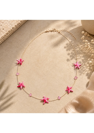 Premium Parlak Gold Renk Pembe Deniz Yıldızı Figürlü Boncuk Detaylı Zincir Kadın Bijuteri Kolye 45cm Altın