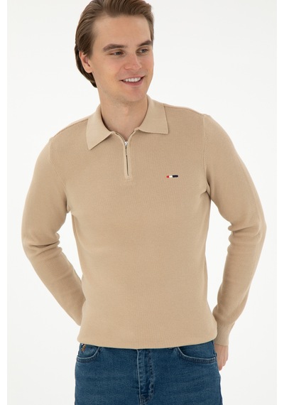U.S. Polo Assn. Erkek Regular Fit Yarım Fermuarlı Kum Melanj Basic Kazak 50298266-VR085