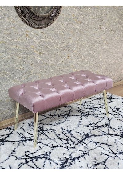 Zafir Gold Kaplama Sivriltme Ayaklı 90 Cm Puf Bench - Puf - Bench - Kasalı Oturak - Oturak - Yatak Ucu Puf Pembe