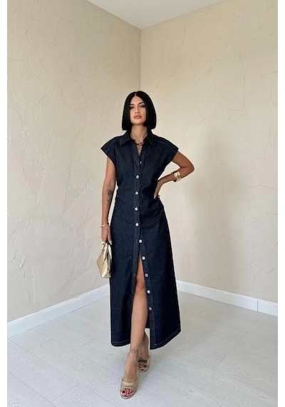 Defymoda Mavi Kolsuz Vatkalı Elbise Mavi