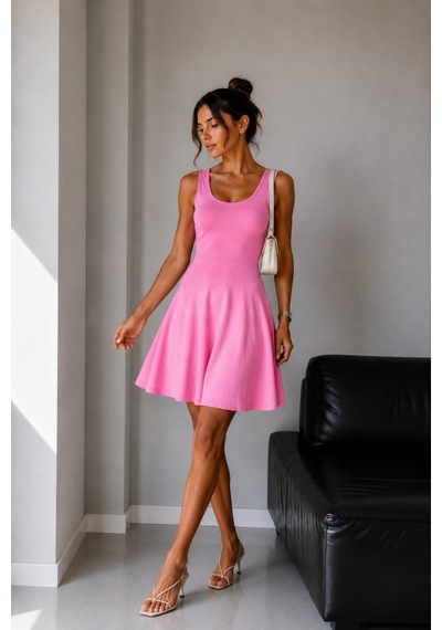 Vadon 1027 Kadın Pamuklu Basic U Yaka Kolsuz A Kesim Elbise Pembe