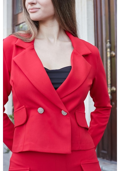Kadın Hafif Esnek Kumaş Yakalı Cep Kapaklı Uzun Kol Düğmeli Blazer Ceket-kırmızı Kırmızı Kadın Hafif Esnek Kumaş Yakalı Cep Kapaklı Uzun Kol Düğmeli Blazer Ceket-kırmızı Kırmızı