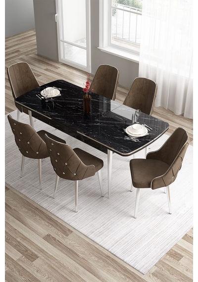 Canisa Tia Serisi 80x132 Mdf Siyah Mermer Desen Krom Detay Mutfak Masası Ve 6 Kahverengi Sandalye Masa Siyah Mermer Desen Sandalye Kahve Canisa Tia Serisi 80x132 Mdf Siyah Mermer Desen Krom Detay Mutfak Masası Ve 6 Kahverengi Sandalye Masa Siyah Mermer Desen Sandalye Kahve